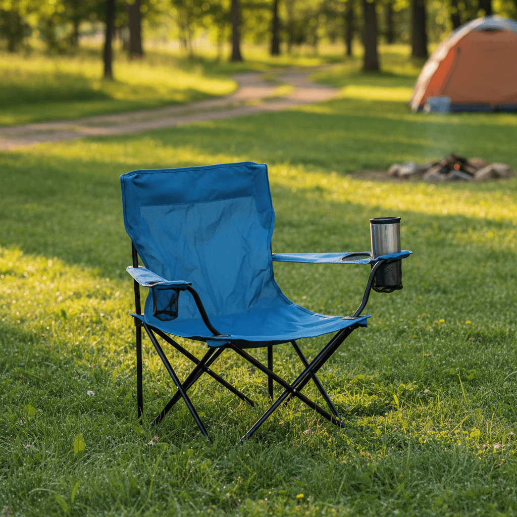 Camping chair with collapsible frame set up outdoors