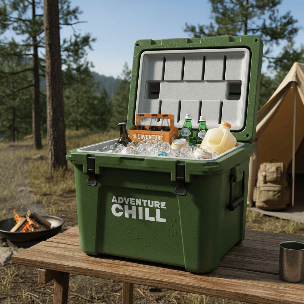 Hard cooler with roto-molded construction and drinks on a campsite table