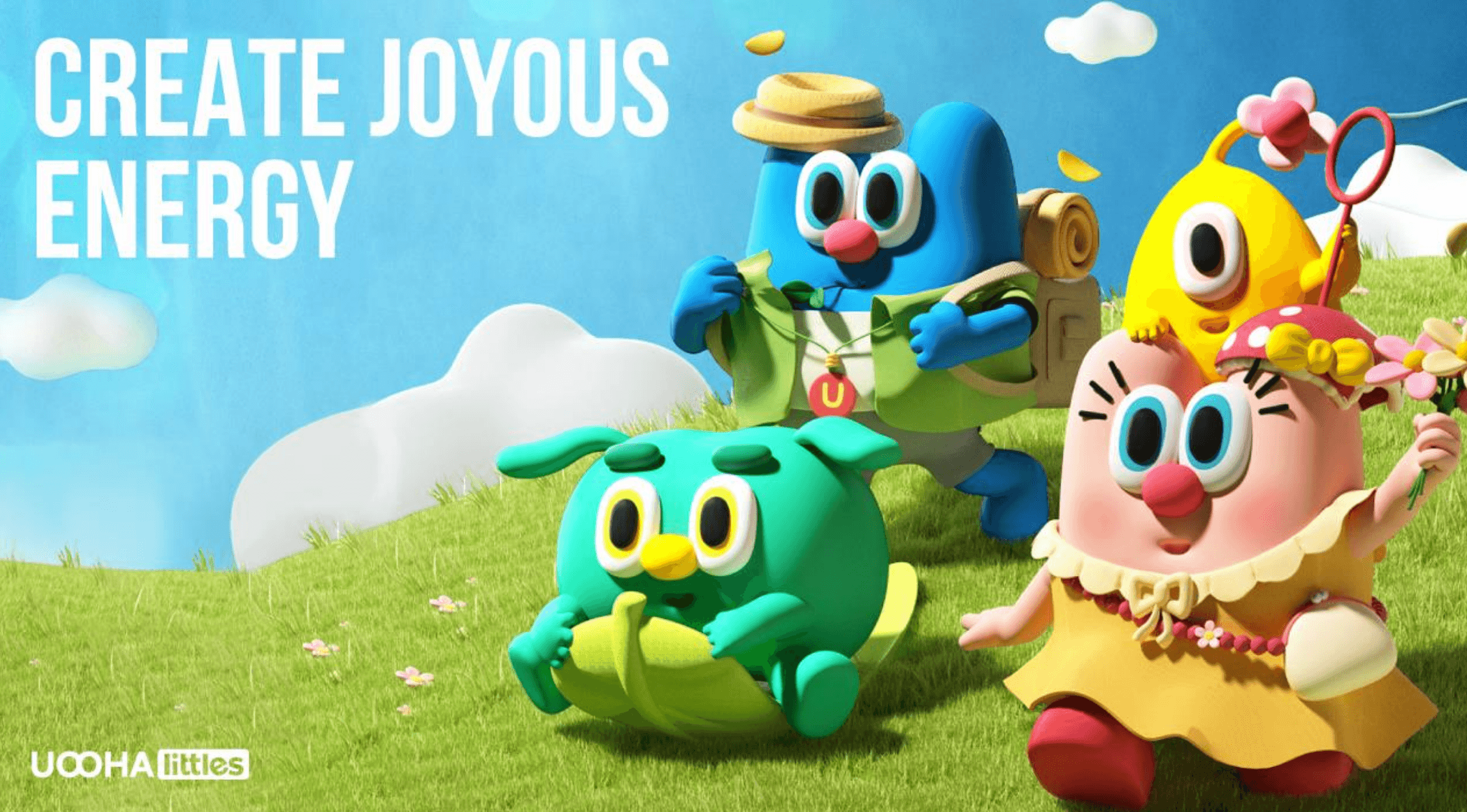 Four colorful 3D characters exploring a sunny hill with the text ‘CREATE JOYOUS ENERGY’.